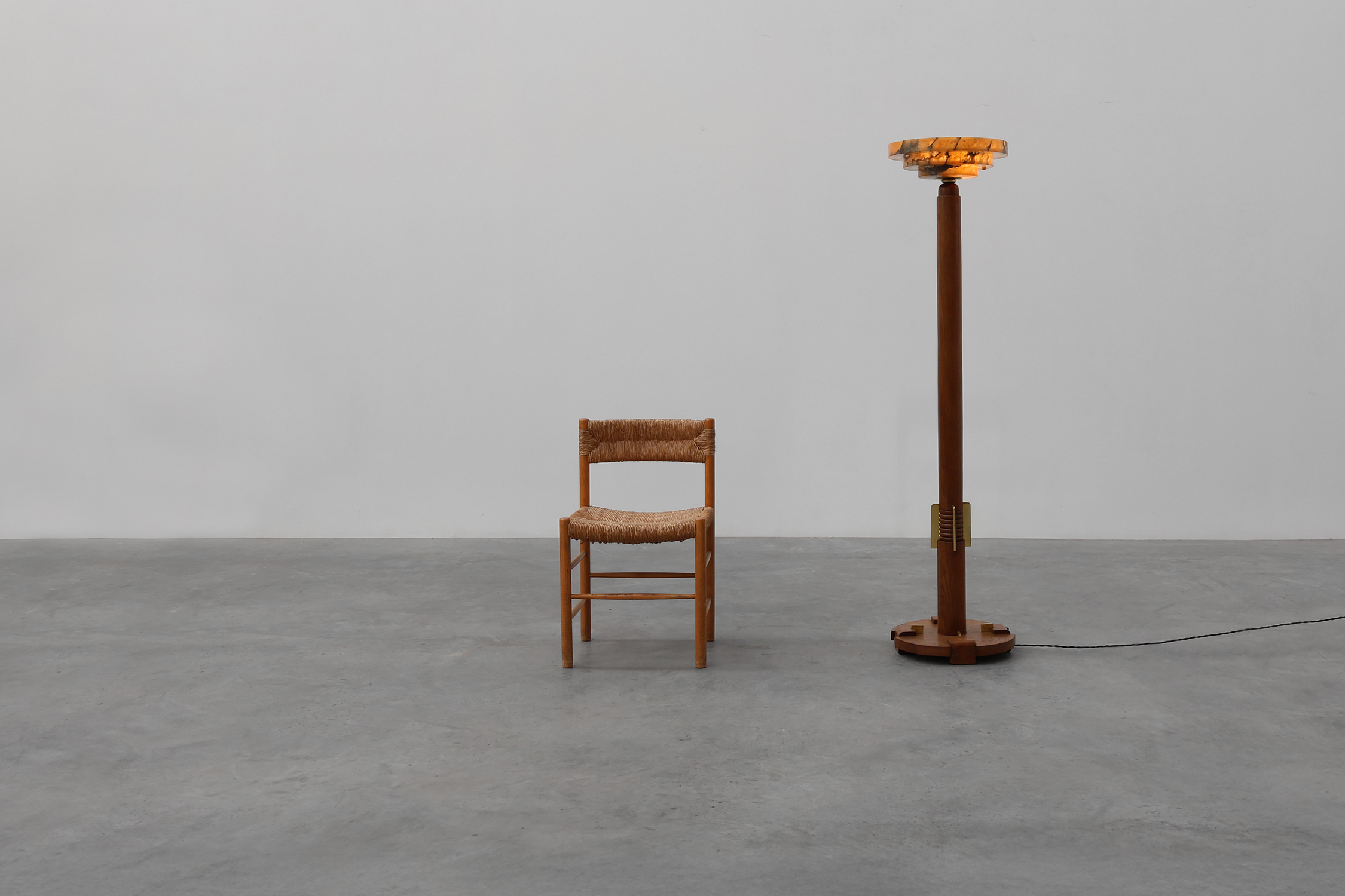 Art Deco Floor Lamp in oak and alabaster, France, ca. 1925 thumbnail